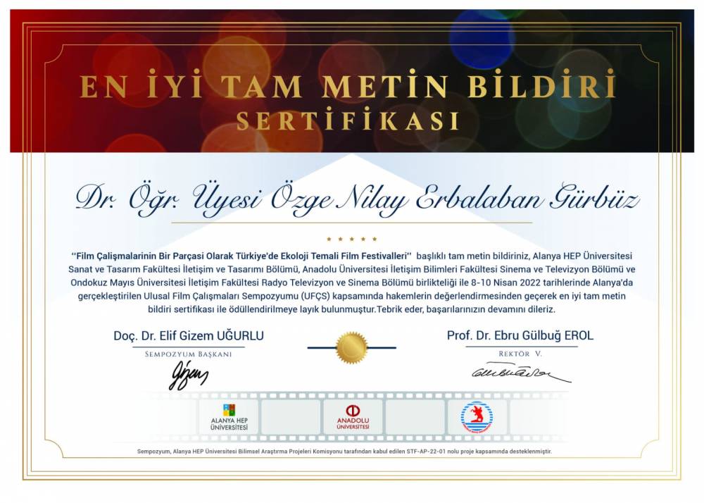 “En İyi Tam Metin Bildiri Sertifikası” Ödülü